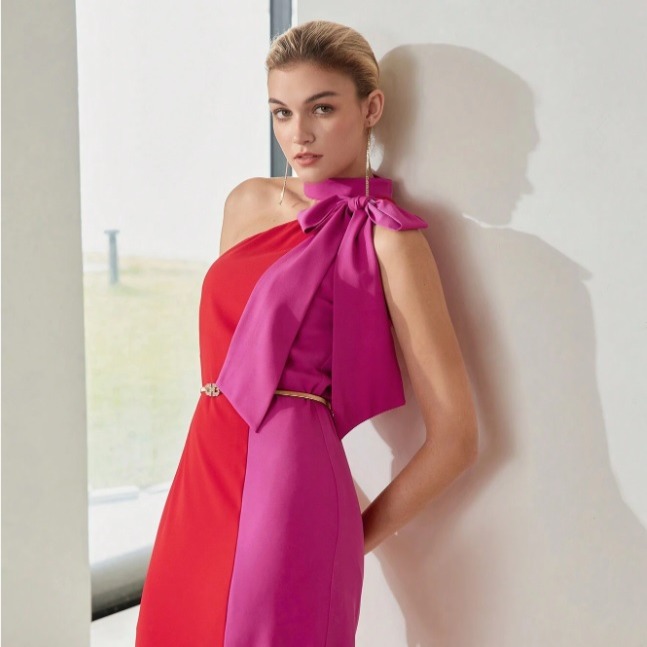 MOTF Premium Vestido de dos tonos con cuello halter