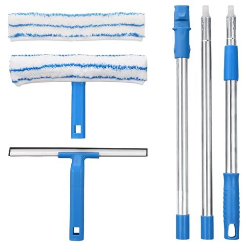 Mitclear Limpiacristales con Mango Extensible(146cm), Limpiador de Ventanas con Escobilla de Silicona & Paños de Microfibra, Kit Limpiacristales Profesional para Ducha Cristal Espejo Puerta Coche