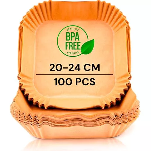 edihome, Papel Freidora Aire, Air Fryer, 100 Unidades, 20-24 cm, BPA Free, Desechable, para Horno, Accesorios para Freidora sin Aceite de 5 a 8 litros (20-24 cm, Cuadrado)