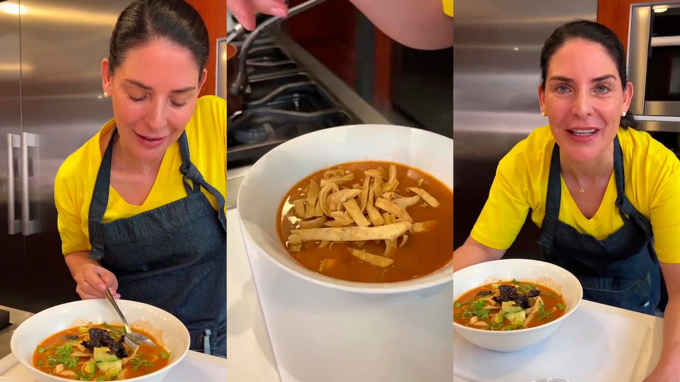 Tazón con sopa de tortilla tradicional mexicana, tiras crujientes de tortilla frita flotando en caldo con epazote.