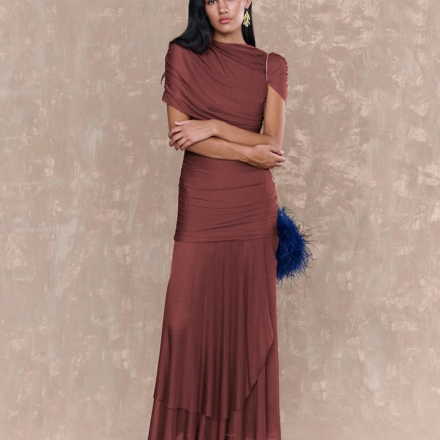 Vestido midi drapeado con tul Marrón MIPHAI


