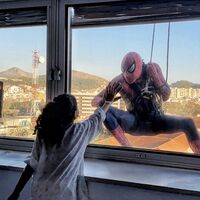 Spiderman se descuelga por una fachada para felicitar la Navidad a los niños hospitalizados con cáncer en Málaga