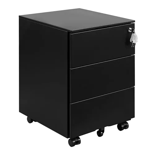 HOMSTEEL Cajonera móvil, Archivador Metálico con Cerradura, 4 Llaves, 3 Cajones, Premontado, para Oficina, Oficina en Casa, Negro