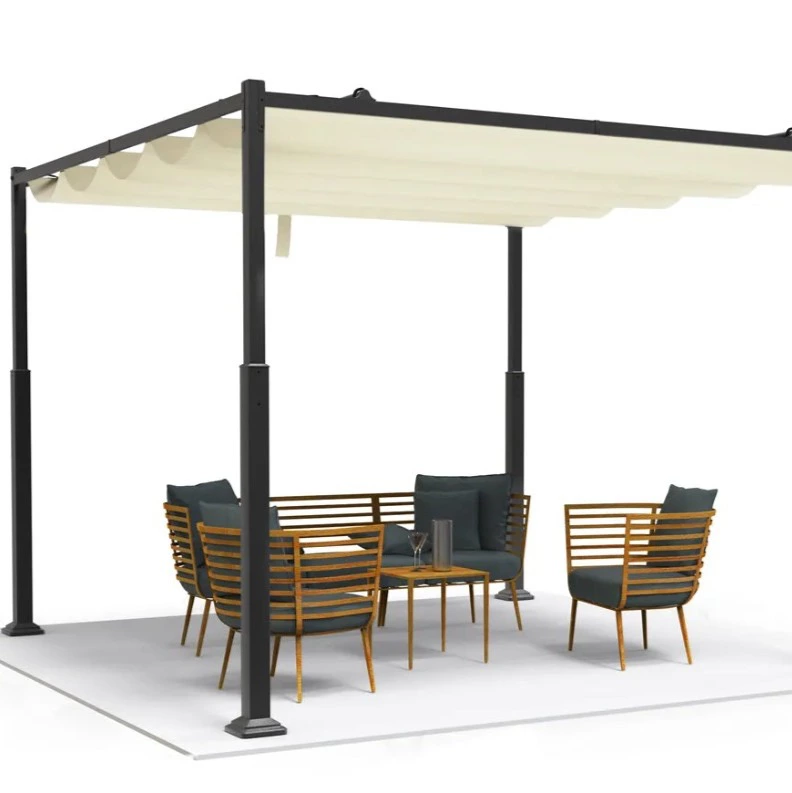 Pérgola Autoportante con Techo Retráctil 3x3m, Carpa Cenador Estructura Metálica Lona Corredera Poliéster 180g/m², Beige