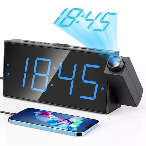 Reloj Despertador de Proyección Digital para Techo de Dormitorios, Reloj con Proyector, Atenuador y Pantalla LED, Timbre Ajustable, Alarmas Duales para Pared, Niños, Personas Mayores con Sueño Pesado