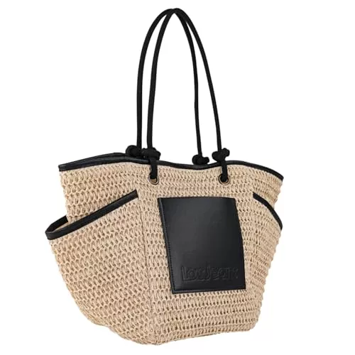 Lois - Bolso Capazo Rafia Mujer Para Playa Ideal Verano. Capazos Mimbre Mujer Estilo Rústico Elegante y Ligero, Negro