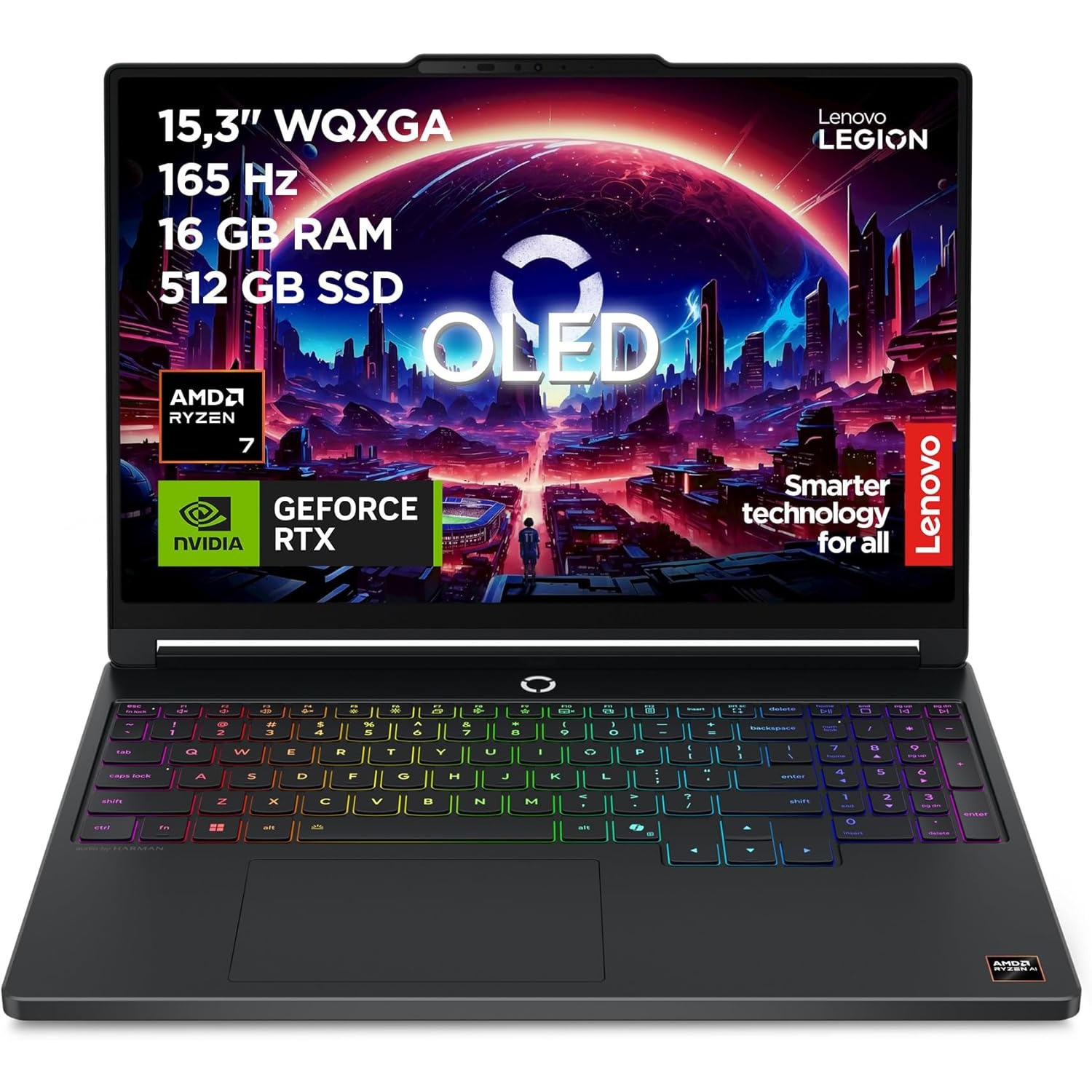 Lenovo Legion 5 Gen 11 - Portátil Gaming IA 15.3" OLED (AMD Ryzen 7 250, NVIDIA GeForce RTX 5050, 165Hz, 16GB RAM, 512GB SSD, Wi-Fi7, Sin Sistema Operativo) QWERTY Retroiluminación RGB, Español-Negro