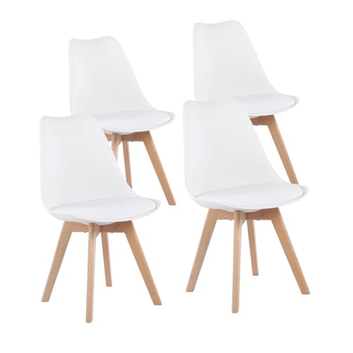 EGGREE Pack de 4 Sillas de Comedor Sillas Cocina Nórdico con Asiento Tapizado y Las piernas de Madera de Haya Maciza, Blanco