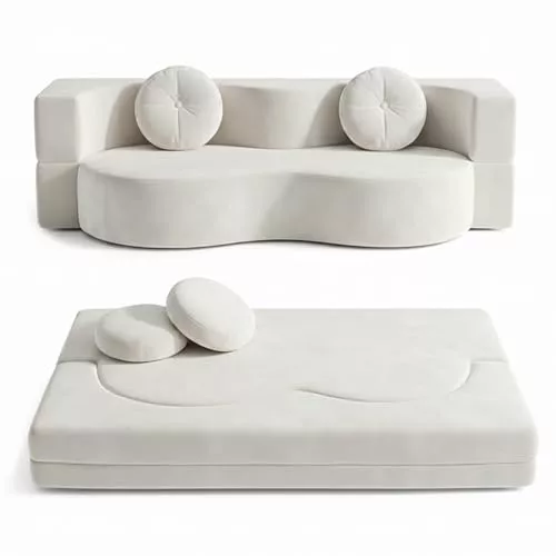 LVRUIEDS Sofá Sin Huesos, Sofá-Cama Convertible para Sala De Estar, Dos Plazas Comprimido Espuma Alta Densidad, Tela Tejida Desmontable, Ensamblaje, con 2 Almohadas(Blanco,150x100CM)