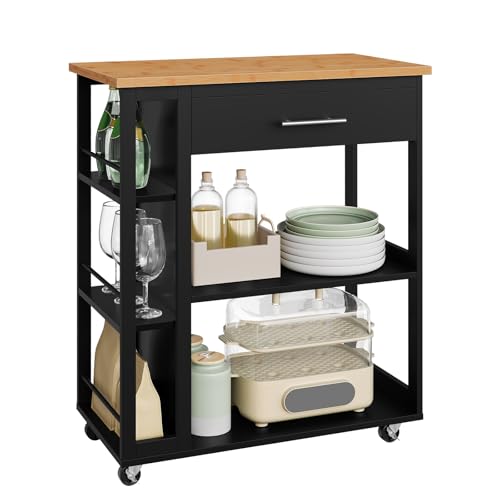 WOLTU Carrito Cocina de 3 Estantes y 1 Cajon Grande, Carro Camarera con Ruedas, Estanteria de Almacenamiento Estilo Moderno, para Cocina, Salón y Comedor, 73x38x88 cm, Color Bambú + Negro, RW051sz