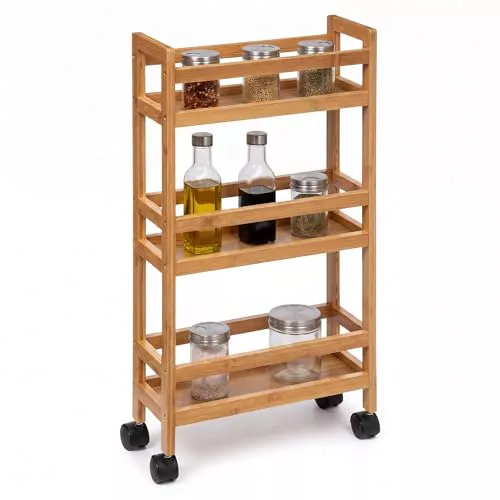 Carrito Auxiliar con Ruedas de 3 Niveles, Carrito Cocina Bambú, Carrito Estrecho de Almacenamiento, Ahorra Espacio, para Baño, Cocina, Oficina, 74,5 x 36 x 15 cm