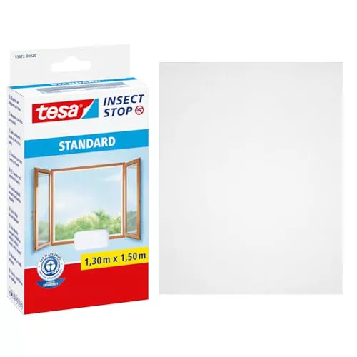 tesa Insect Stop Malla Mosquitera STANDARD para Ventanas, Mosquitera Autoadhesiva, Recortable al Tamaño Deseado, Blanca, 130 cm x 150 cm