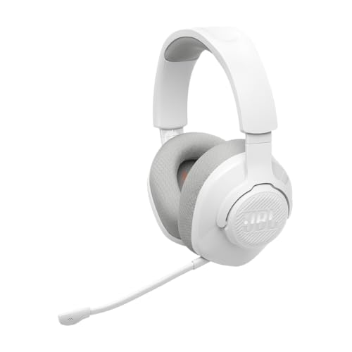 JBL Quantum 360 Auriculares inalámbricos circumaurales para gaming, conexión inalámbrica dual de 2,4 GHz y Bluetooth, JBL QuantumSURROUND Signature, batería de 22 h, micrófono desmontable, blanco