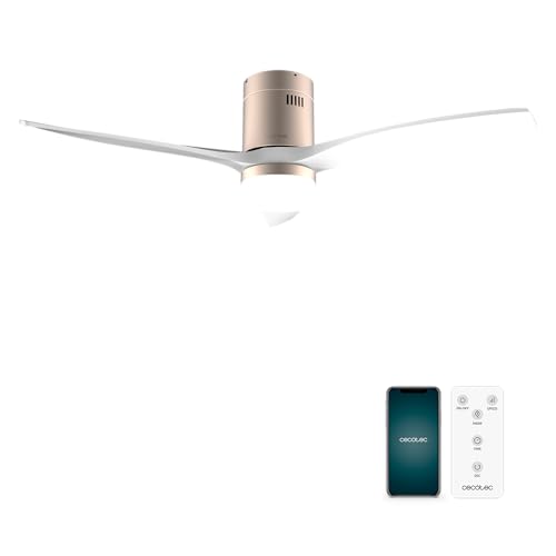 Cecotec Ventilador de Techo EnergySilence Aero 5600 Aqua GoldWhite Connected, 40 W y 52”, Wifi, Mando a distancia, protección IP44, luz, 6 velocidades, 3 aspas, modo winter-summer, temporizador 8h