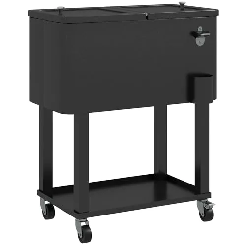 Outsunny Carro de Bebidas Refrigerado 56L con Ruedas Abrebotellas y Estante para Terraza 67x35x80 cm 
