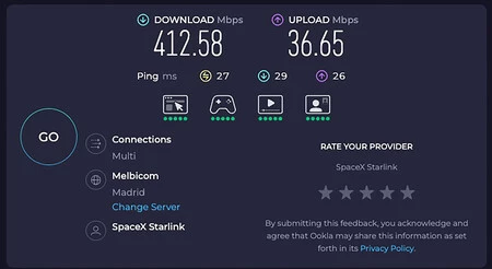 Test de velocidad sobre la Wi-Fi de Starlink. Nada mal para ser Internet por satélite