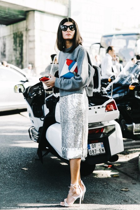 Pfw Paris Fashion Week Spring Summer 2016 Street Style Say Cheese Giovanna Battaglia Pencil Skirt Metallics Sarah Battaglia Bags 7 790x1185