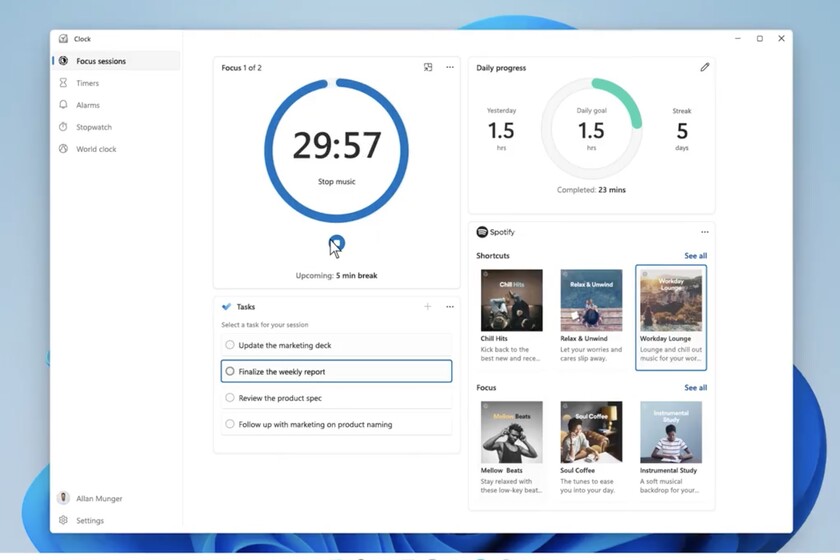 Windows 11 będzie miał „tryb ostrości” wbudowany w To Do, z listami odtwarzania pomodoro i Spotify