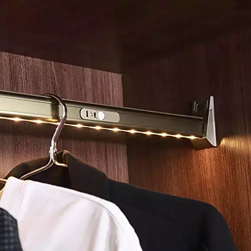 Barra LED para armario con iluminación incorporada, barra para colgar ropa, funciona con batería de litio, capacidad de carga de 50 kg, armario ajustable