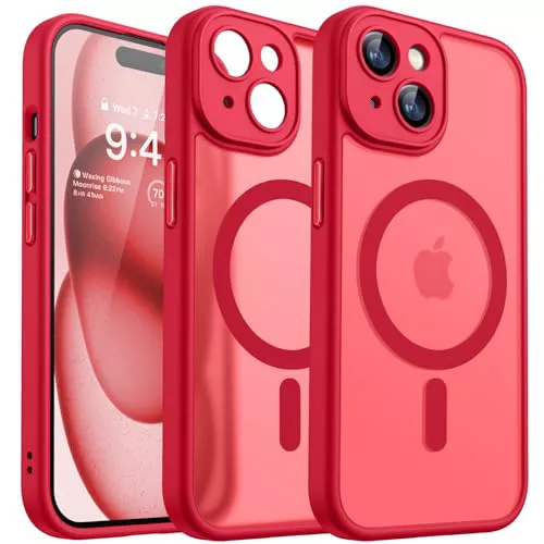 CANSHN Funda Magnética para iPhone 15, Compatible con MagSafe, [Protección Total de La Cámara], Carcasa Fondo Mate Translúcido 6.1 Pulgadas, Rojo