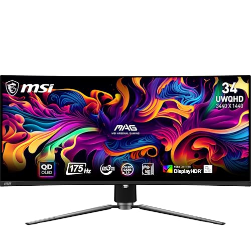 MSI mag 341CQPA QD-OLED Monitor Gaming Curvo de 34" UWQHD: 1800R, QD-OLED de 3440 x 1440, 175 Hz / 0,03 ms, 99% DCI-P3, ΔE≤2, DisplayHDR True Black 400, KVM - DP 1.4a, HDMI 2.1, Type C, Negro