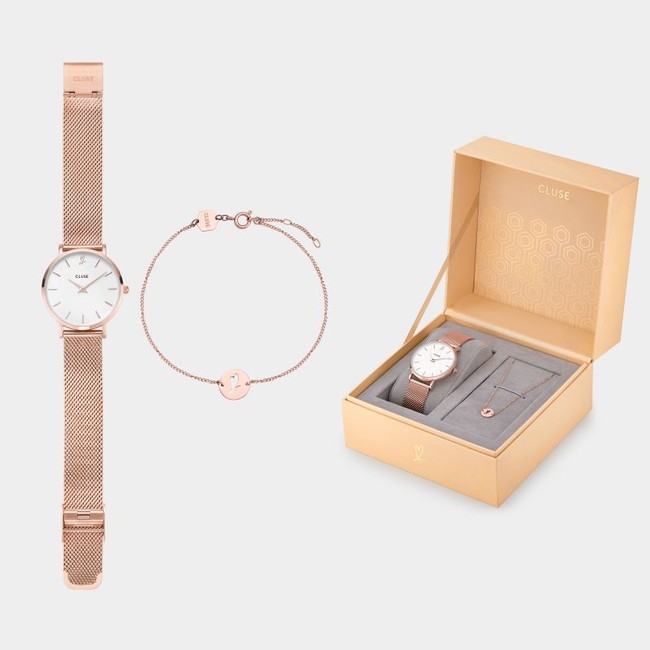 Cluse Minuit Heart Rose Gold Mesh Watch And Bracelet Gift Box