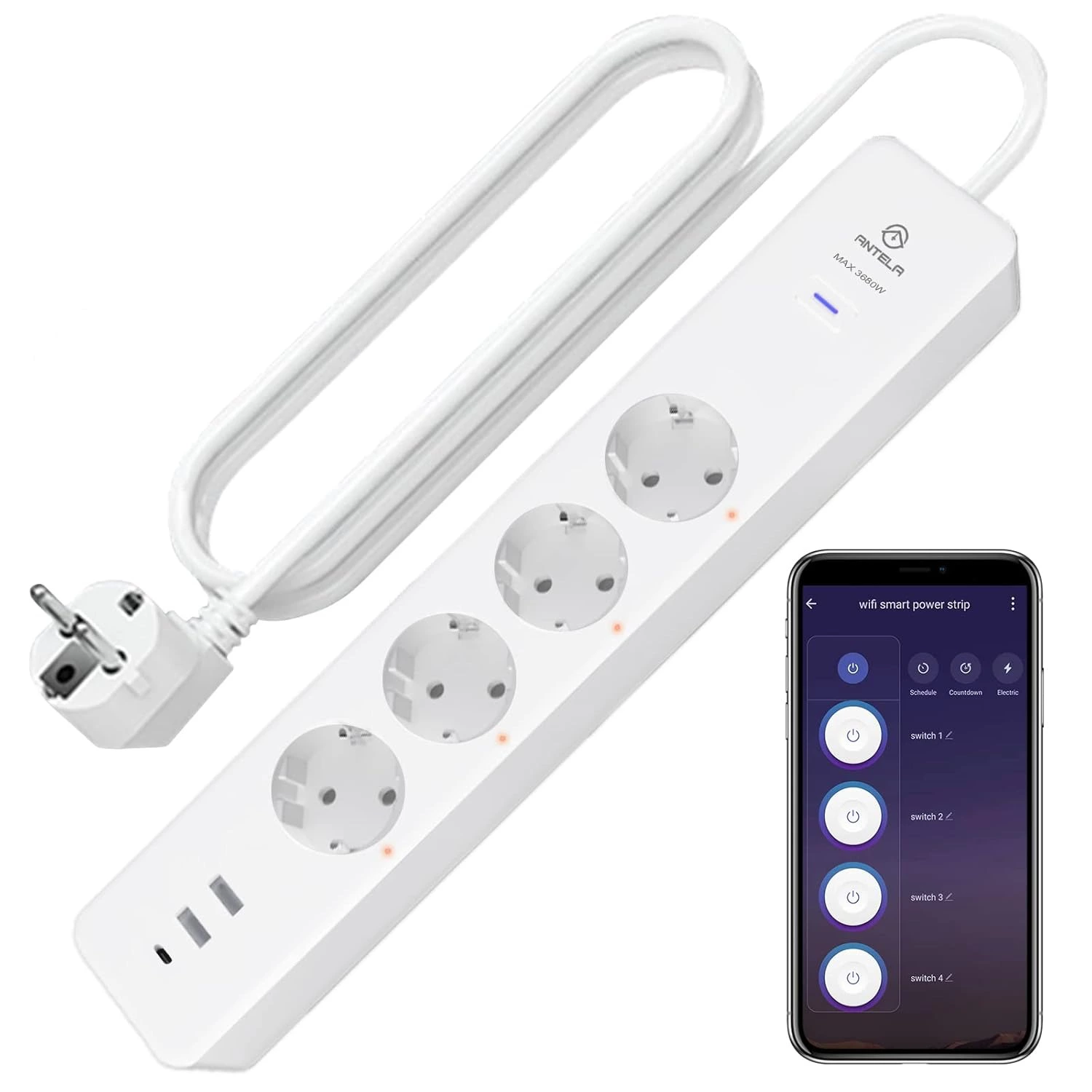 Antela Regleta Inteligente WiFi 3,680W 4 Enchufes/Tomas + 2 USB A+1 USB C con Carga Rápida