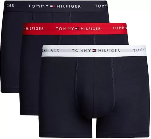 Tommy Hilfiger Calzoncillos bóxer Pack de 3 Hombre Trunks con Logotipo en la Cintura, Multicolor (Primary Red/White/Desert Sky), L