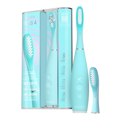 FOREO ISSA 4 cepillo de dientes eléctrico sónico recargable 4 en 1 con USB, cabezal extra, silicona suave, blanqueador dental, impermeable, ideal para viaje, limpieza profunda - Artic Blue