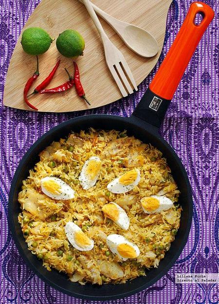 Arroz al curry con bacalao y huevo. Receta