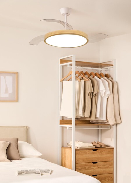 CREATE / WIND CLEAR STUDIO M/Ventilador de techo con luz blanco y madera clara con mando / 40W, Temporizador, Ø 108 cm, aspas retráctiles, 3 temperaturas de...