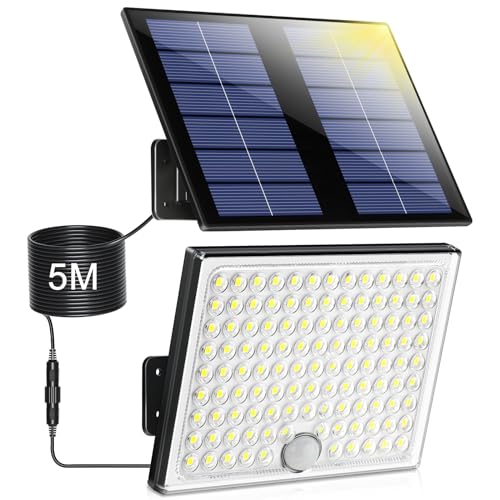 Realky Lampara Solar Exterior con Sensor de Movimiento, Foco Solar Exterior 113 LEDs 2000mAh 4 Modes, Luz Solar Exterior Potente Foco LED Exterior Solar Jardin con Cable de 5 m, 1 Pieza