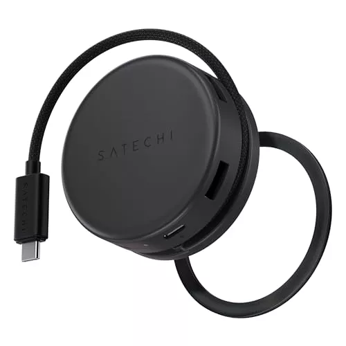 SATECHI OntheGo Hub USB C Magnético 7 en 1, PD 100W, HDMI 4K, Negro | Cable en espiral que se enrolla en el hub, 4K@60Hz, Ethernet Gigabit, doble 5Gbps, lector SD/microSD, para Mac y Windows
