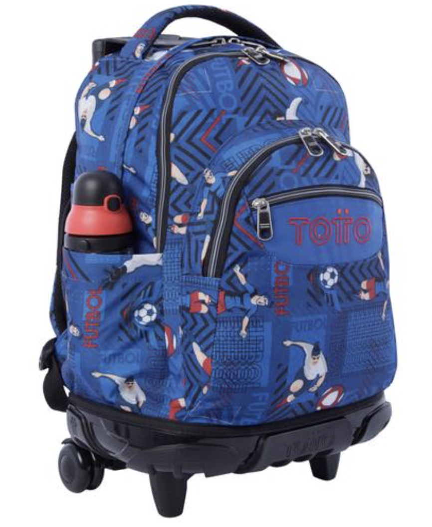Totto - Mochila escolar Renglones Fútbol. Descubre la colección escolar Totto con diferentes modelos y estampados para todos.
Material: Exterior poliéster 90%, Policloruro De Vinilo 10%. Forro Poliéster 100%.
Dimensiones: 52 x 37 x 25.
Bolsillo para botella.
Correas en forma de S.
Protector de ruedas.