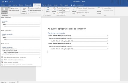 Agregar tabla de contenido Word