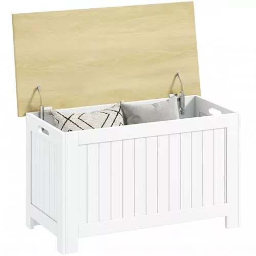 HOMCOM Baúl de Almacenaje para Dormitorio 80,5x40x46,4 cm Natural y Blanco
