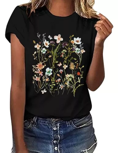 Lonya Camisetas Manga Corta Mujer Verano Cuello Redondo Moda Casual Estampado T-Shirt Negra Deporte Camisa Básica tee Shirt Tops Flores,M