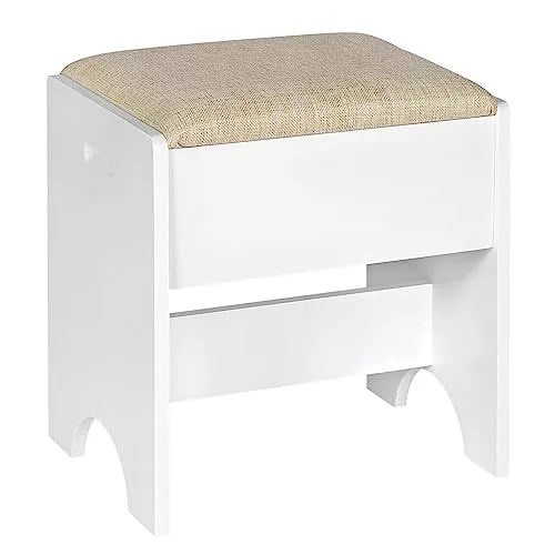 WOLTU Taburete Tocador en Asiento Lino Transpirable, Beige+Blanco