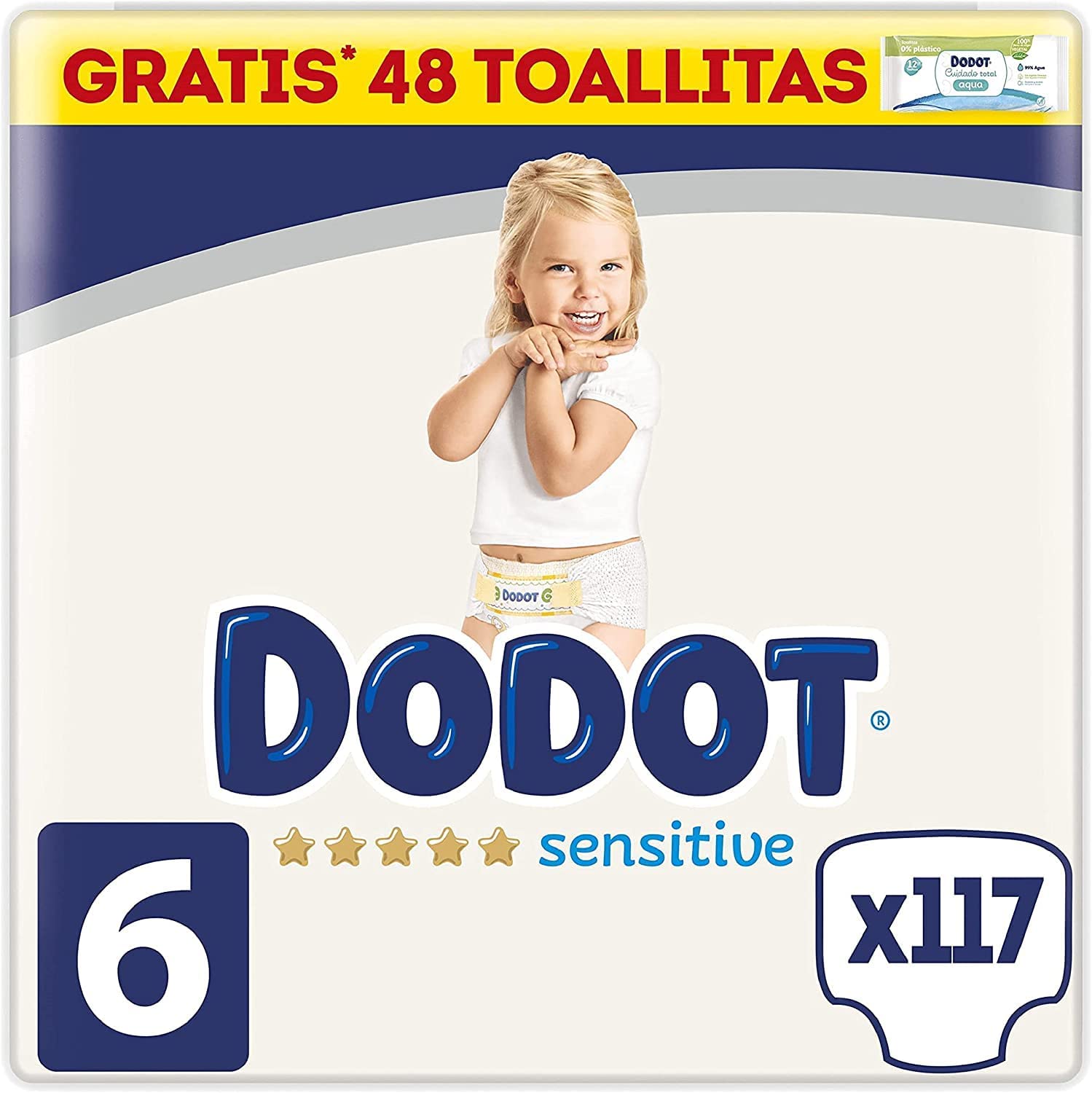 Dodot Pañales Bebé Sensitive Talla 6 (+13 kg), 117 Pañales + 1 Pack de 48 Toallitas Gratis