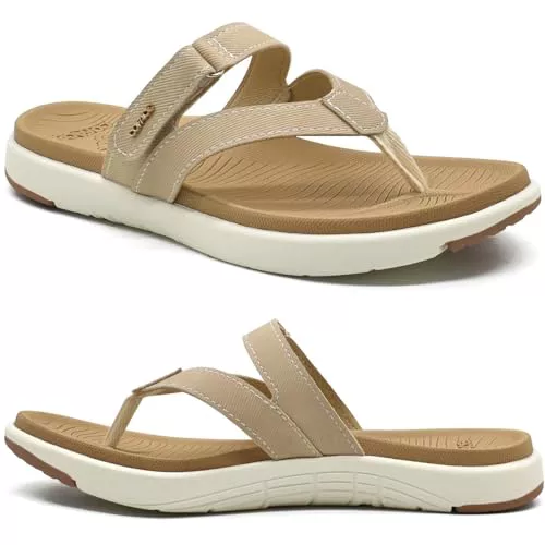 COFACE Chanclas Mujer Moda Ortopedicas Comodas Cuero Tela Elegantes Sandalias de Dedo Señora Piel Verano Playa Piscina Flip Flop Ligera Abierta Chancletas Pala Antideslizante Goma Suela Beis 39