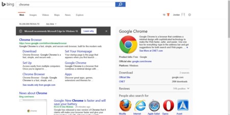 A Bing no le gusta que busques otros navegadores, y recomendará usar Edge cuando lo hagas