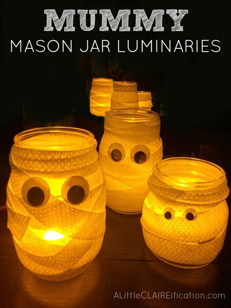 Mummy Mason Jar Luminaries Cutest And Easiest Halloween Crafts Ever And They Make Fun Candy Jars Too