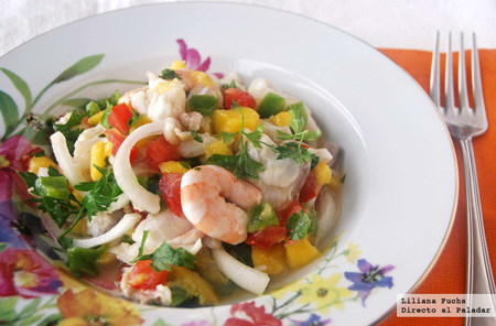 Ceviche de dorada y langostinos con mango. Receta