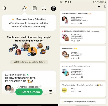 左、クラブハウス(iPad)。右、ハウスクラブ (Samsung galaxy Note 20 Ultra)