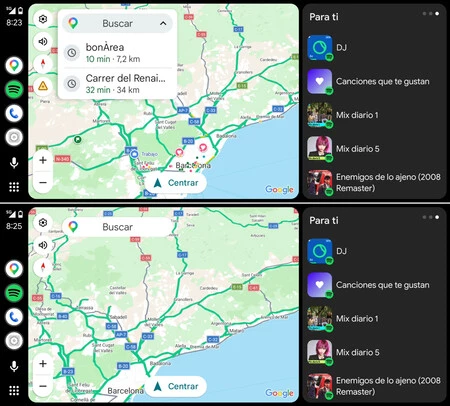 Arriba, Google Maps con su cuenta. Abajo. Google Maps sin cuenta. Pantallas capturadas en Android Auto