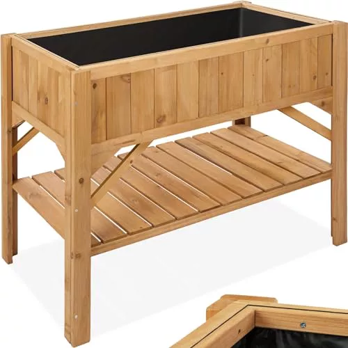 tectake® Jardinera Exterior de Madera, Cama Elevada con Inserto Protector, Jardinera con Lámina de Protección y Estantería, Resistente a Viento e Intemperie, Ideal Huerto Urbano, Macetero,119x53x90cm