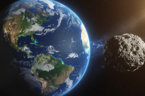 O recém-descoberto asteroide “2025 PN7” move-se em “ressonância” com a Terra. | Imagem: Adobe Firefly, gerada por IA | Prompt: Alexander Köpf
