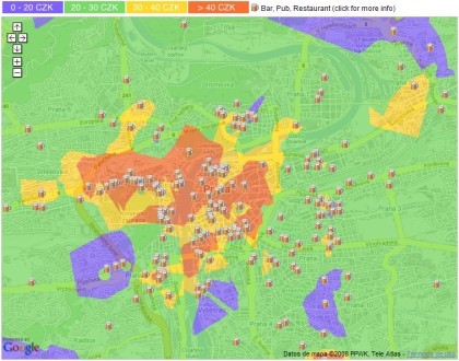 Mapa de Praga con los precios de la cerveza