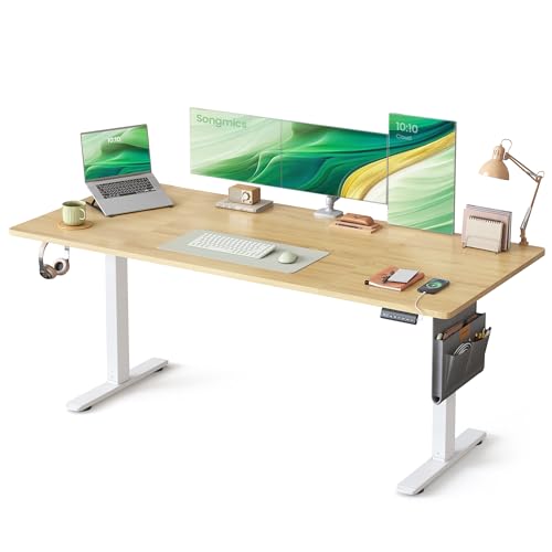 SONGMICS Escritorio Eléctrico, Regulable en Altura, 180 x 80 cm, Regulación Continua, 4 Alturas de Memoria, Puerto USB-C, Roble Dorado LSD138YA01