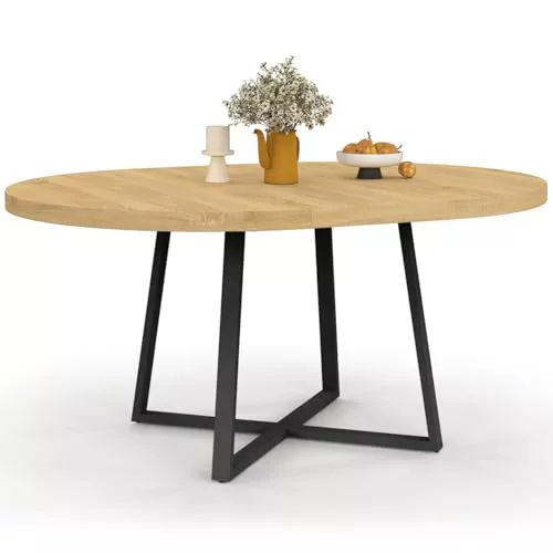 IDMarket Selma Mesa de comedor redonda extensible para 4-8 personas, madera y negro, 110-150 cm
